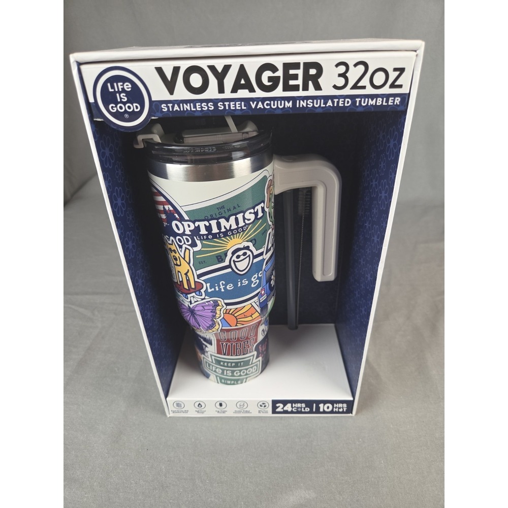 Life Is Good Stainless 32oz Voyager Tumbler "Sticker Collection" Ivory